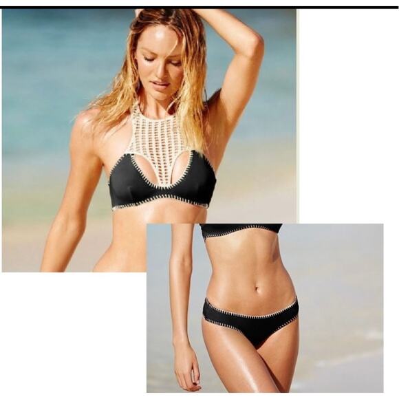 Victoria's Secret Boho Black & Cream Crochet Bikini Set Size Medium - Picture 1 of 6